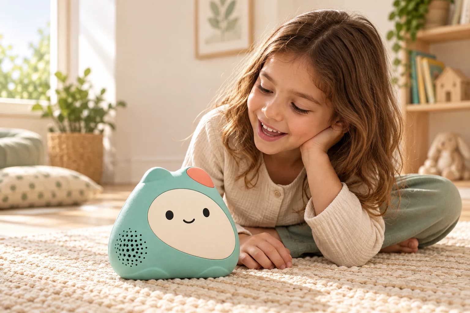 A young girl lying on a rug, smiling and talking to Zivoo, which sits on the floor in front of her.