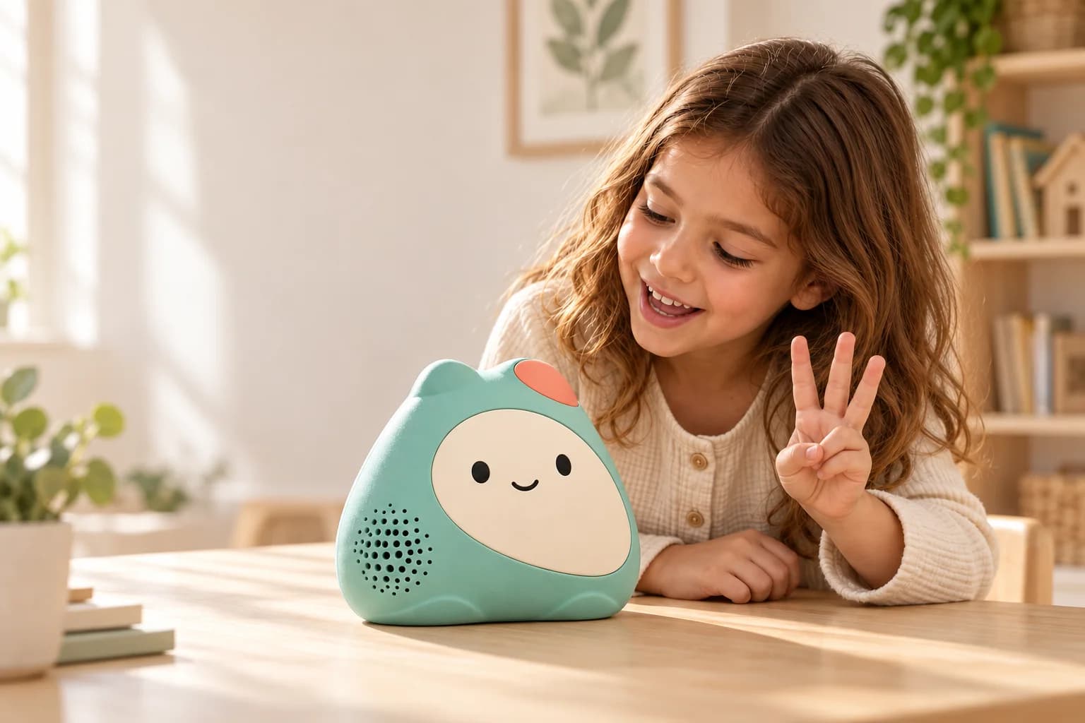 A girl at a table holding up three fingers while talking to Zivoo during a counting activity.