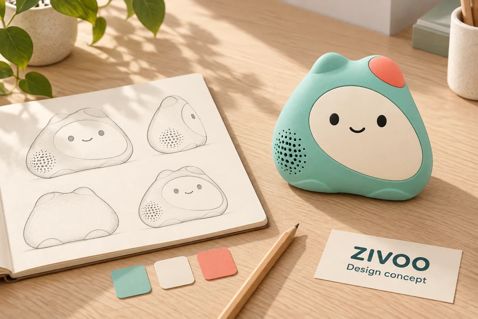 Pencil sketches of Zivoo in a notebook beside a Zivoo model, colour swatches in teal, cream and coral, and a card reading Zivoo design concept.