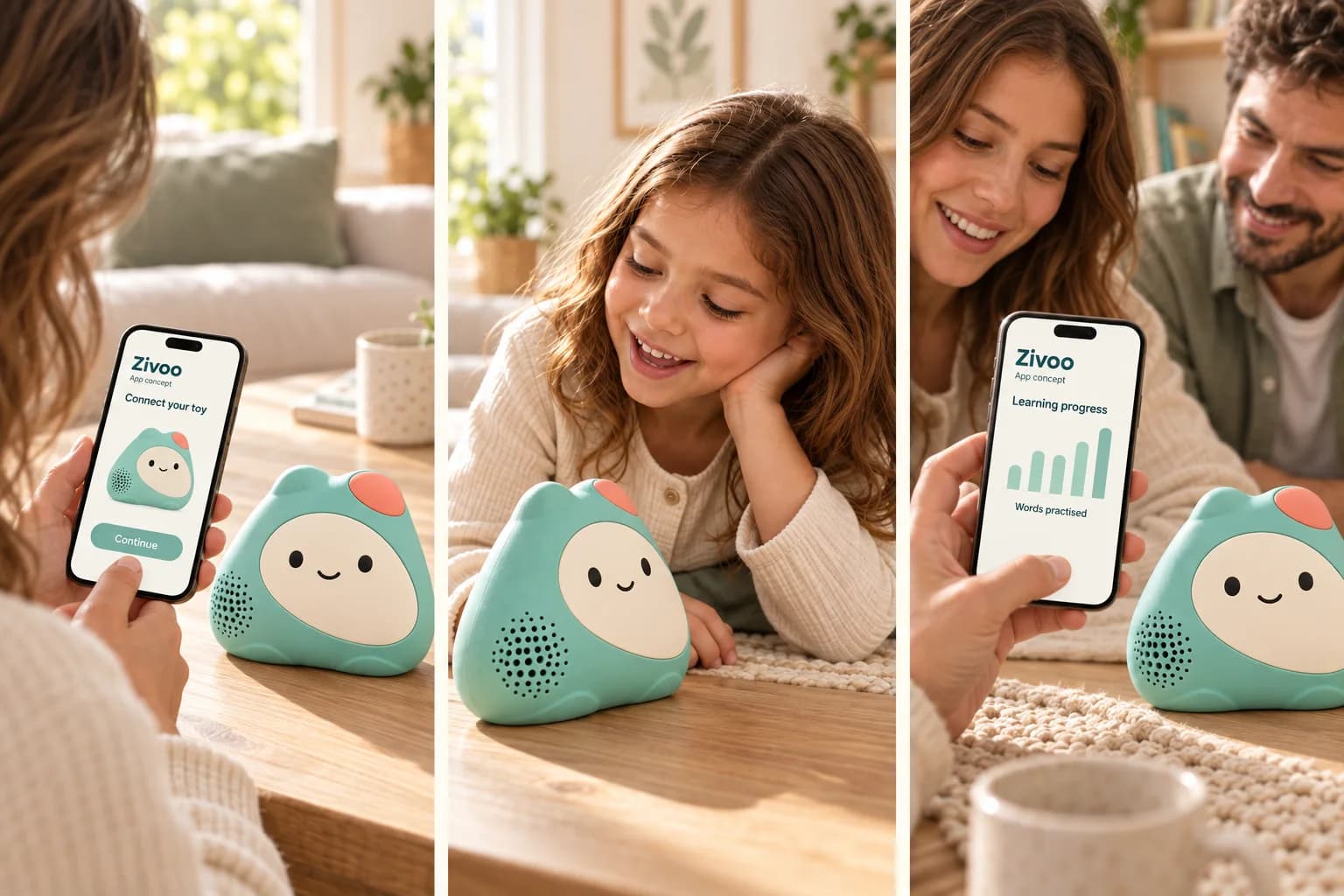 Three scenes: a parent connecting Zivoo using a phone app, a child talking to Zivoo, and two parents viewing a learning progress screen beside Zivoo.