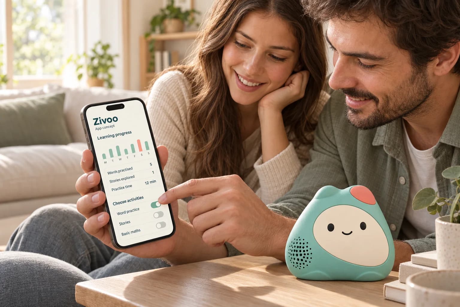 Two parents looking at a concept version of the Zivoo app on a phone, showing learning progress and activity switches, with Zivoo on the table.