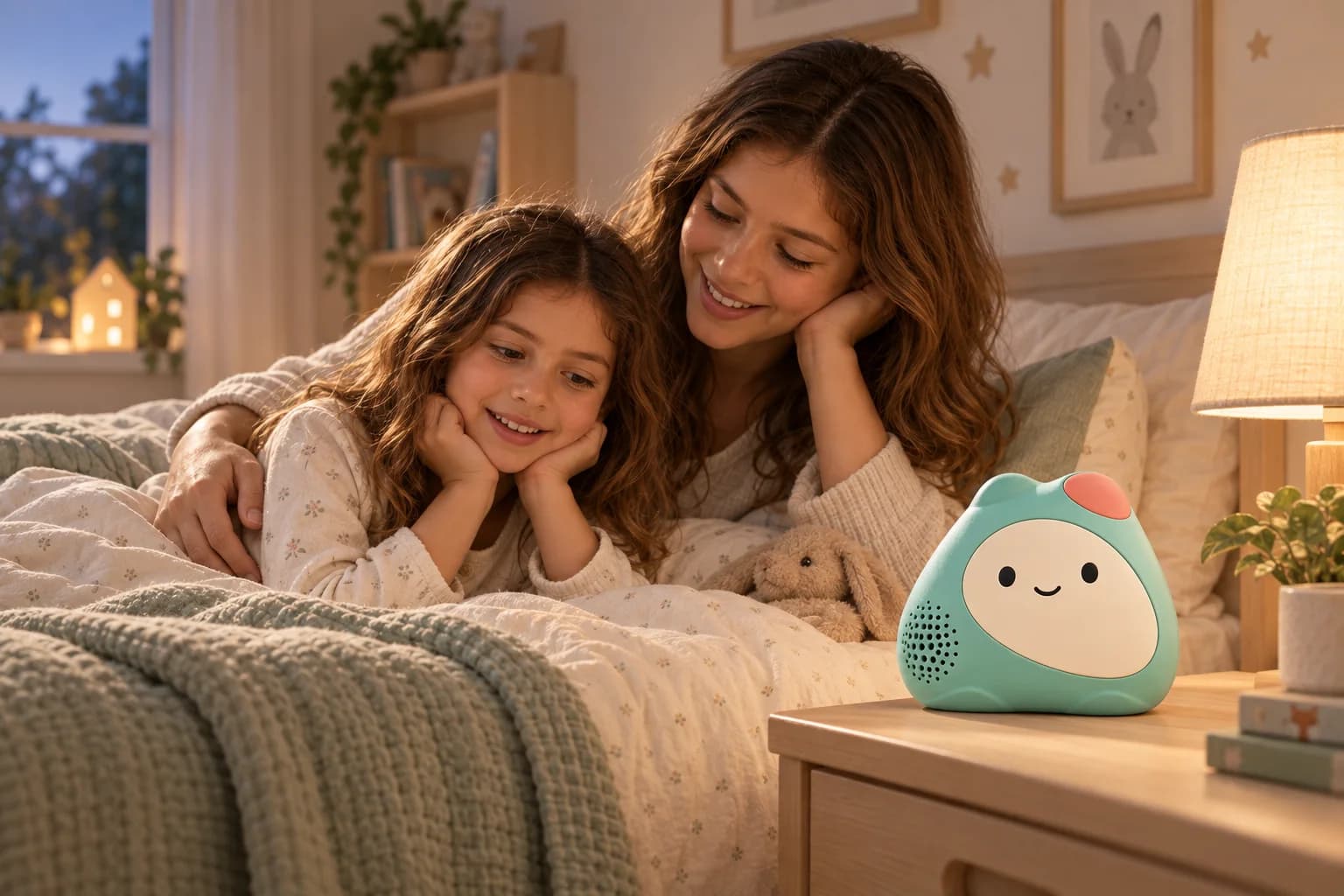 A parent and child lying on a bed in the evening, smiling as they listen to Zivoo on the bedside table.