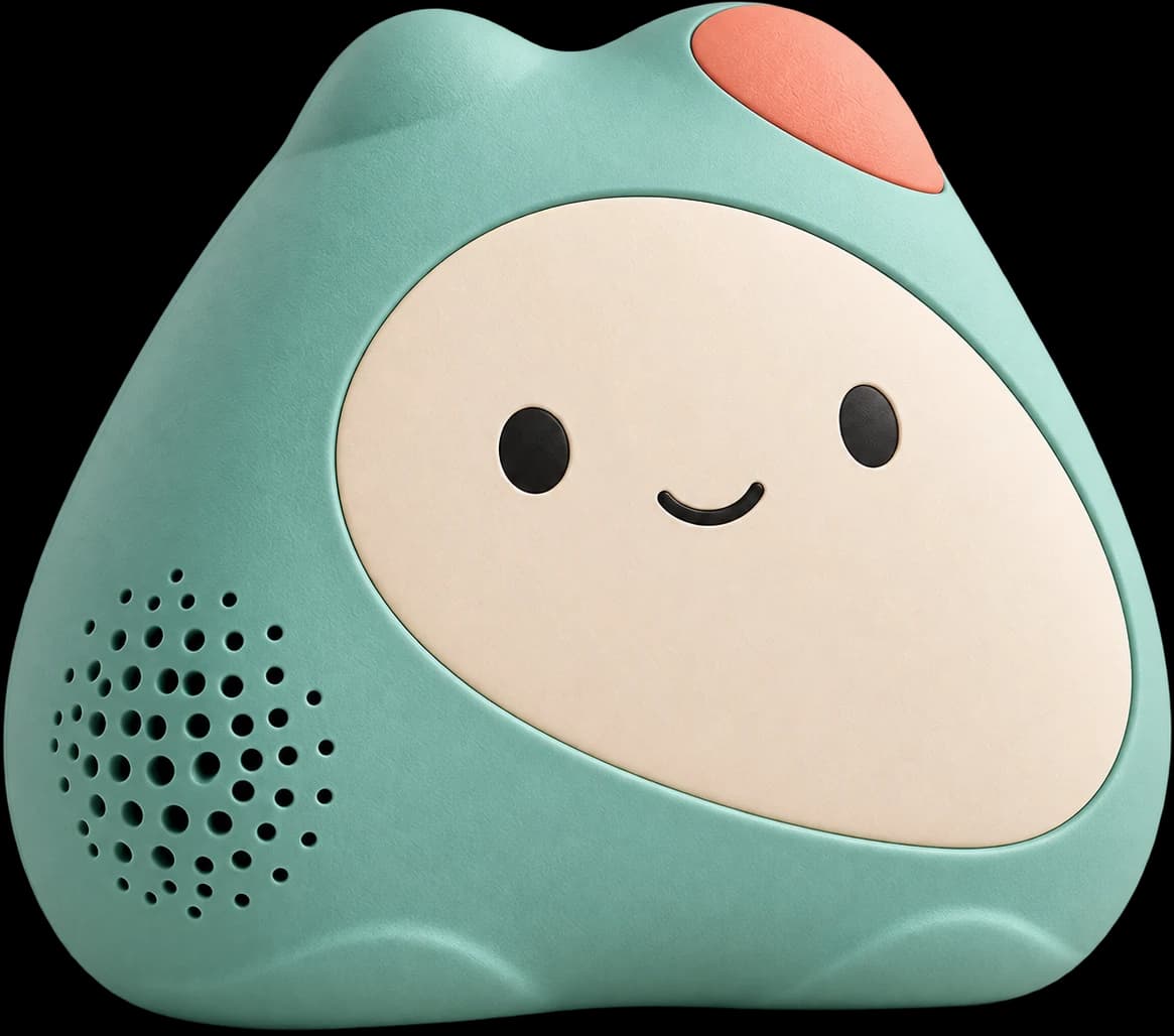 Zivoo, a rounded soft-teal learning toy with a cream face panel, two dark eyes, a small smile, a speaker grille on one side and a coral button on top.