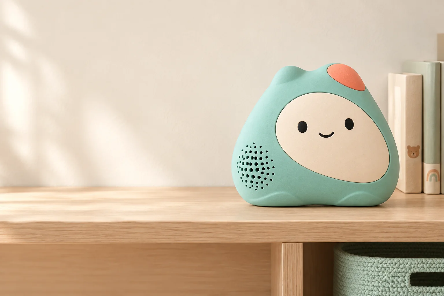 Zivoo sitting on a light wooden shelf beside a few children's books, in soft daylight.